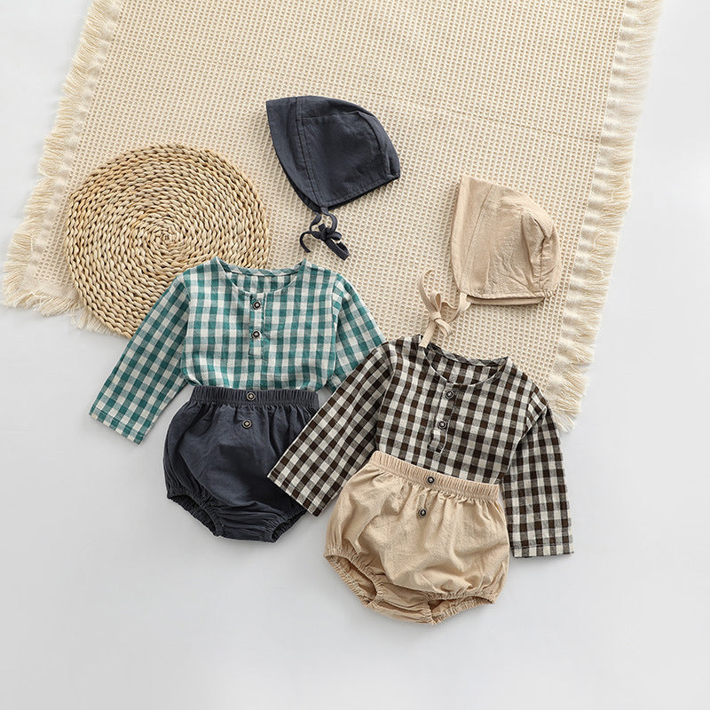 Baby Plaid Graphic Tops And Solid Shorts With Hat 1Pieces Sets by MyKids-USA™