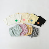 Baby Smiley Print Pattern Solid Tee Combo Plaid Pattern Triangle Shorts Sets by MyKids-USA™