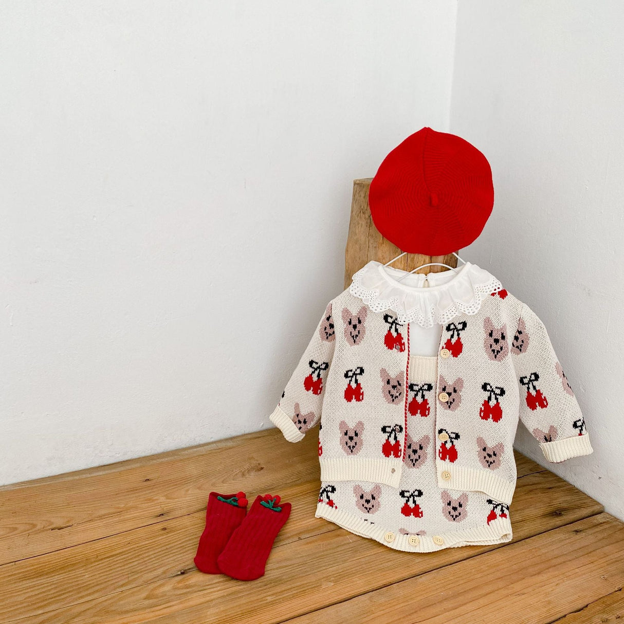 Baby Girl 1pcs Allover Cartoon Bear & Cherry Embroidered Graphic Bodysuit & Cardigan Knitted Sets by MyKids-USA™