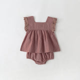 Baby Girl Solid Color Ruffle Design Square Neck Tops Combo Triangle Shorts 1 Pieces Sets by MyKids-USA™