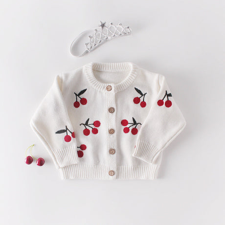 Baby Girl 1pc Cherry Embroidered Graphic Crotch Knitted Bodysuit & Button Front Sweater Coat Sets by MyKids-USA™