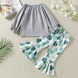 Baby Girl 1pcs 4-Leaves Grass Graphic Long Sleeve Tops Combo Allover Grass Print Ruffle Hem Pants Sets by MyKids-USA™