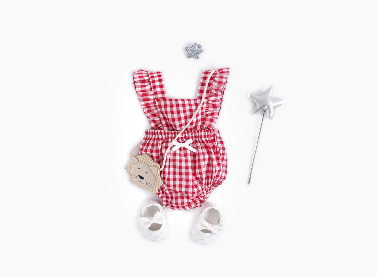 Baby Girl Doll Neck Solid Shirt & Red Plaid Graphic Bow Patched Bodysuit 1 Pieces Sets by MyKids-USA™