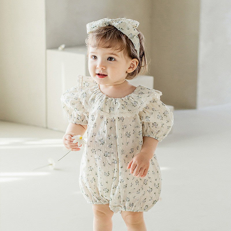 Baby Girl Flower Pattern Flying Sleeves Onesies & Clothing Sets With Headband by MyKids-USA™