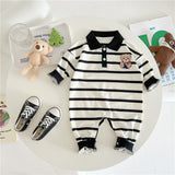 Baby Cartoon Bear Print & Striped Pattern Polo Neck Long Sleeve Romper by MyKids-USA™