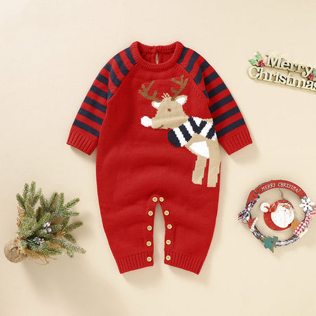 Baby Cartoon Elk Graphic Side Striped Sleeve Knitted Romper by MyKids-USA™