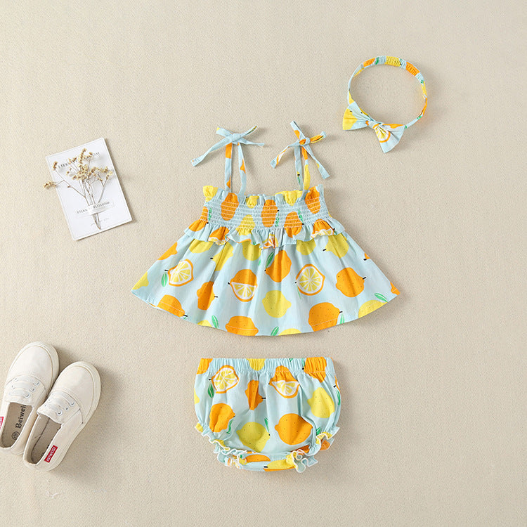 Baby Girl Lemon Fruit Print Sleeveless Dress Combo Short Pants In Sets by MyKids-USA™