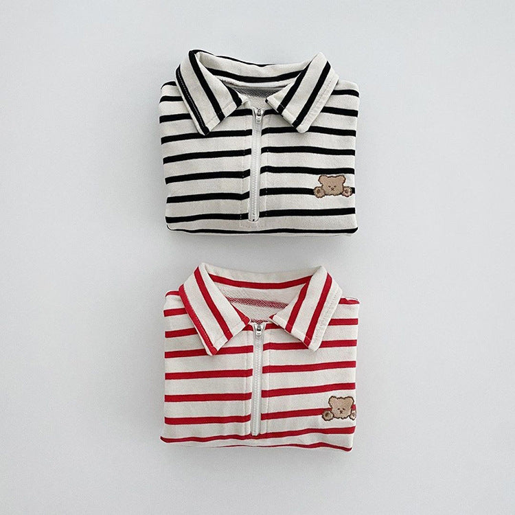 Baby Striped & Cartoon Patched Graphic Polo Neck Long Sleeves Bodysuit Onesies by MyKids-USA™