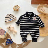 Baby Cartoon Bear Print & Striped Pattern Polo Neck Long Sleeve Romper by MyKids-USA™