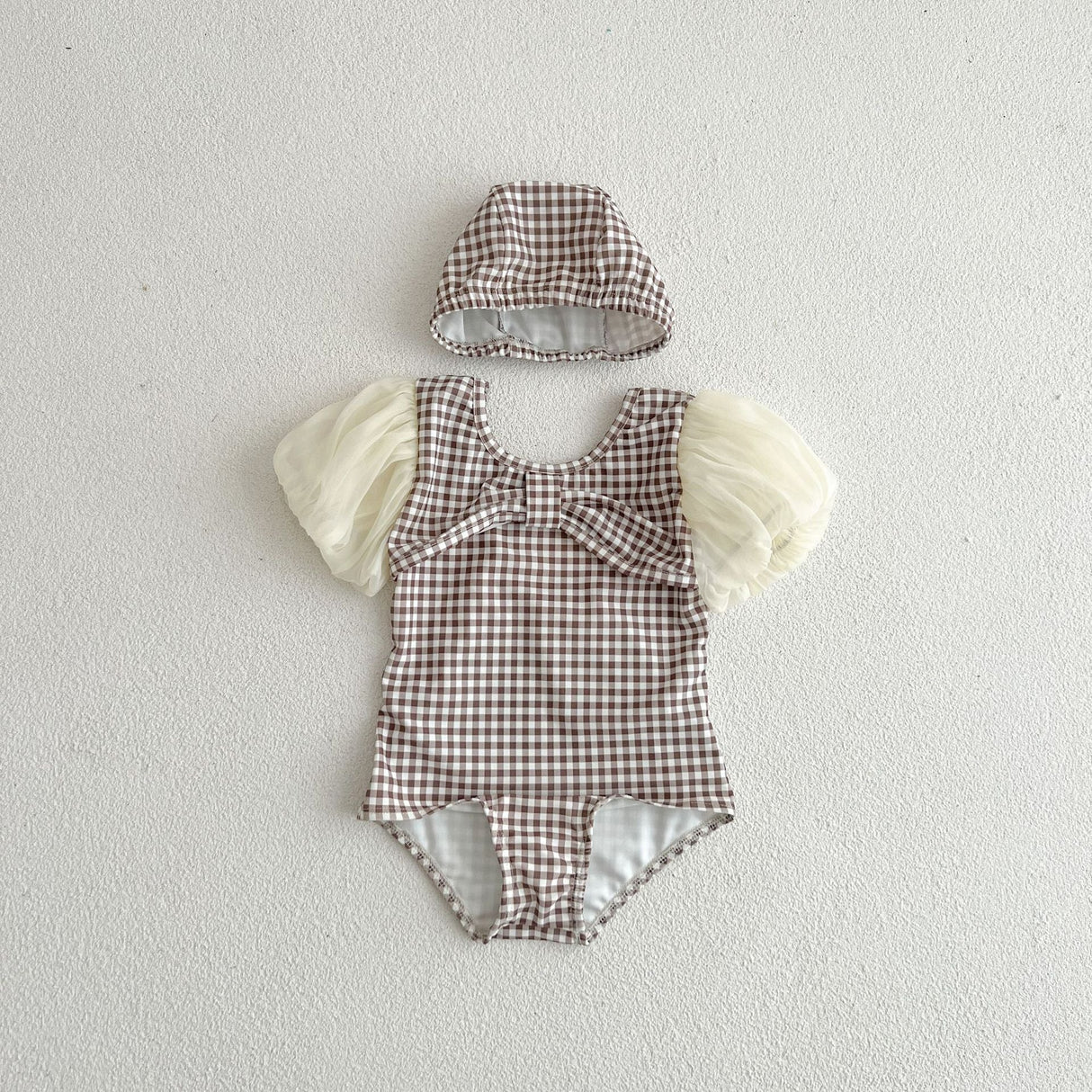 Baby Girl Plaid Pattern Mesh Sleeves Patchwork Swimwear With Hats by MyKids-USA™