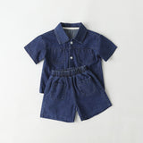 Baby Solid Color Butoon Front Denim Shirt Combo Shorts Sets In Summer by MyKids-USA™