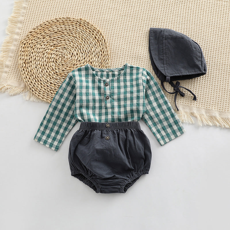 Baby Plaid Graphic Tops And Solid Shorts With Hat 1Pieces Sets by MyKids-USA™