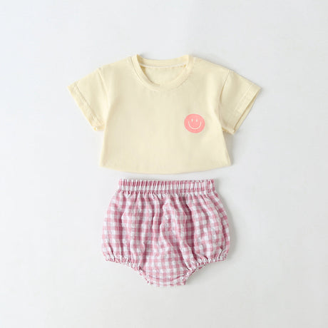 Baby Smiley Print Pattern Solid Tee Combo Plaid Pattern Triangle Shorts Sets by MyKids-USA™