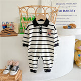 Baby Cartoon Bear Print & Striped Pattern Polo Neck Long Sleeve Romper by MyKids-USA™