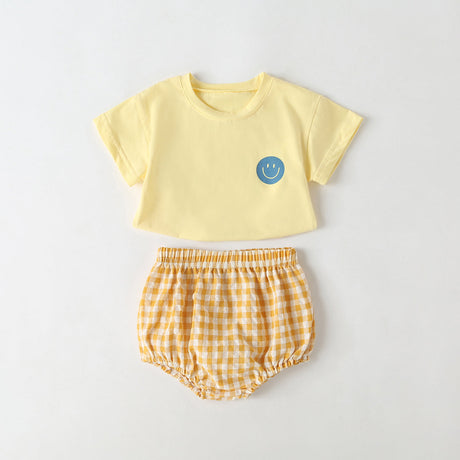 Baby Smiley Print Pattern Solid Tee Combo Plaid Pattern Triangle Shorts Sets by MyKids-USA™