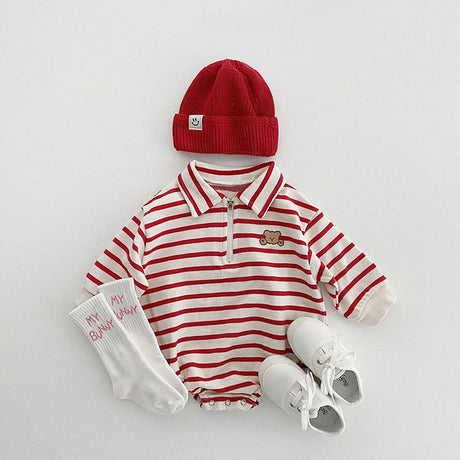 Baby Striped & Cartoon Patched Graphic Polo Neck Long Sleeves Bodysuit Onesies by MyKids-USA™