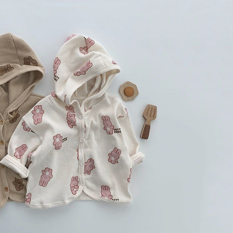 Baby Waffle Fabric Cartoon Bear Print Single Breasted Design Cardigan With Hat by MyKids-USA™