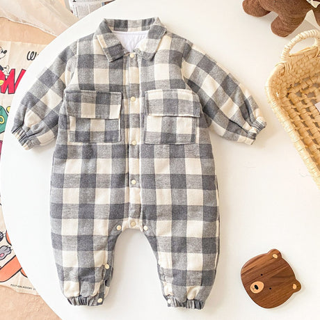 Baby Boy Plaid Pattern Snap Button Front Long-sleeved Thick Rompers by MyKids-USA™