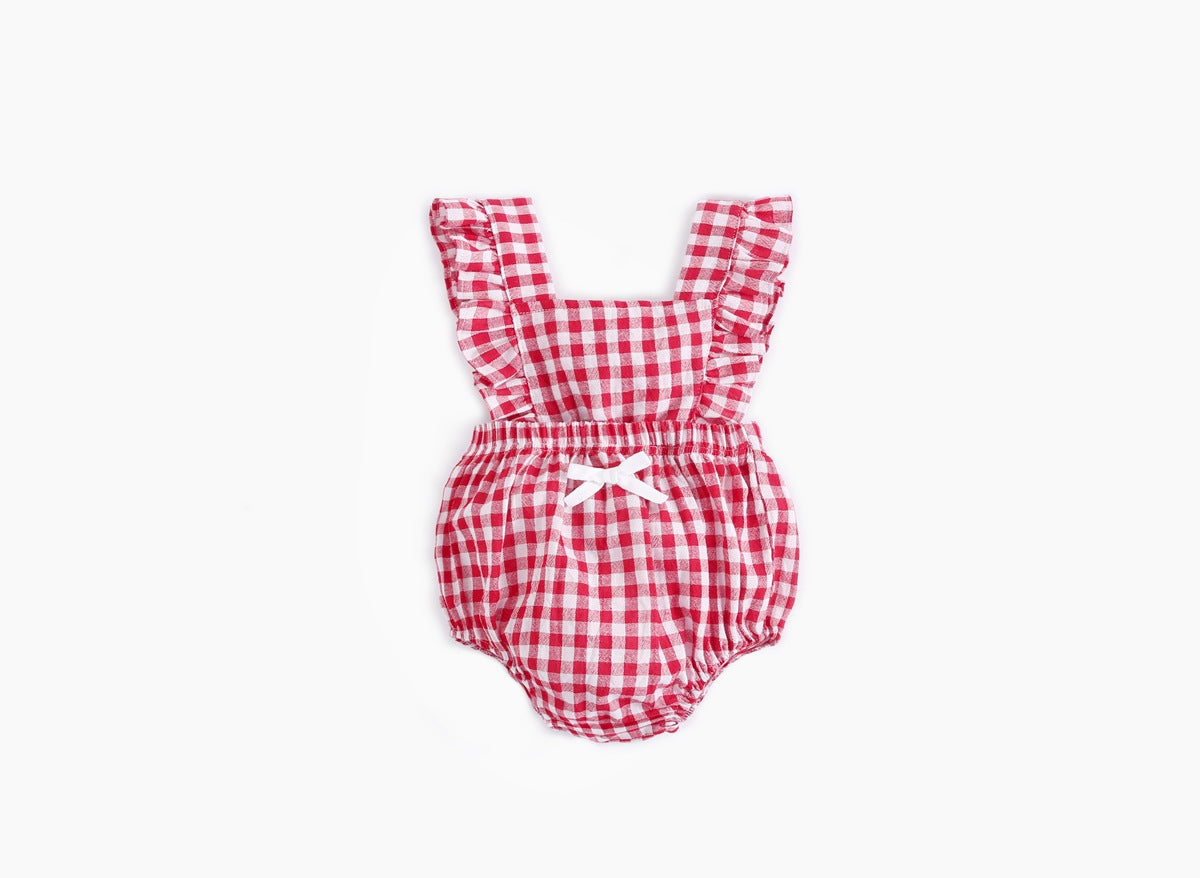 Baby Girl Doll Neck Solid Shirt & Red Plaid Graphic Bow Patched Bodysuit 1 Pieces Sets by MyKids-USA™