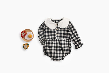 Baby Girl Plaid Pattern Doll Collar Design Long Sleeve Onesies With Buttons by MyKids-USA™