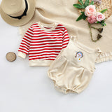 Baby Striped Pattern Shirt Combo Cartoon Graphic Corduroy Fabric Strap Onesies Sets by MyKids-USA™