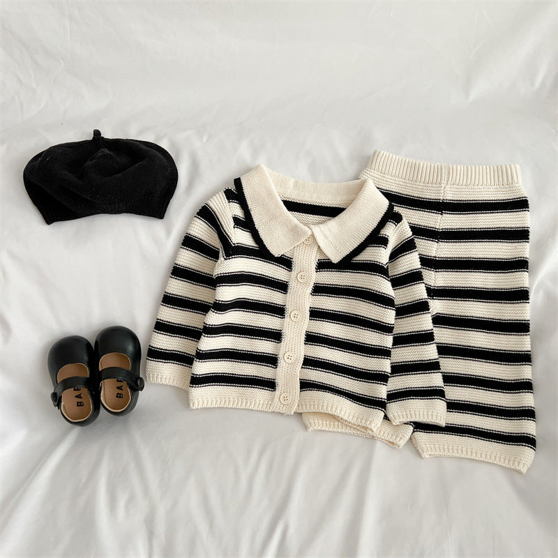 Baby Striped Pattern Lapel Knitted Cardigan With Pants Sets by MyKids-USA™