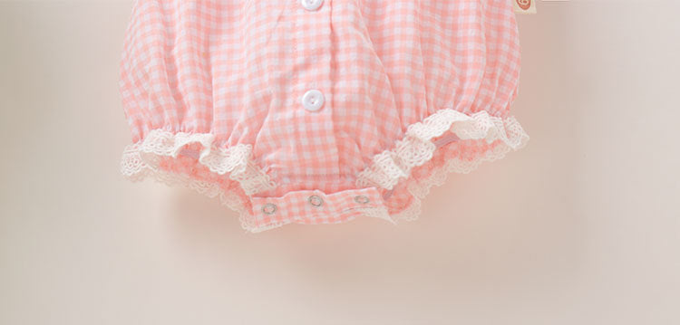 Baby Girl Plaid Pattern Lace Patchwork Design Bubble Short-Sleeved Onesies With Buttons by MyKids-USA™