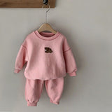 Baby Cartoon Bear Patched Graphic Hoodies Combo Solid Trousers Casual 2 Pieces Sets by MyKids-USA™