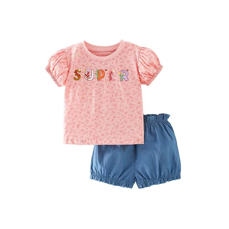 Baby Girl Floral & Slogan Print Graphic Puff Sleeve Tee Combo Denim Shorts Sets by MyKids-USA™