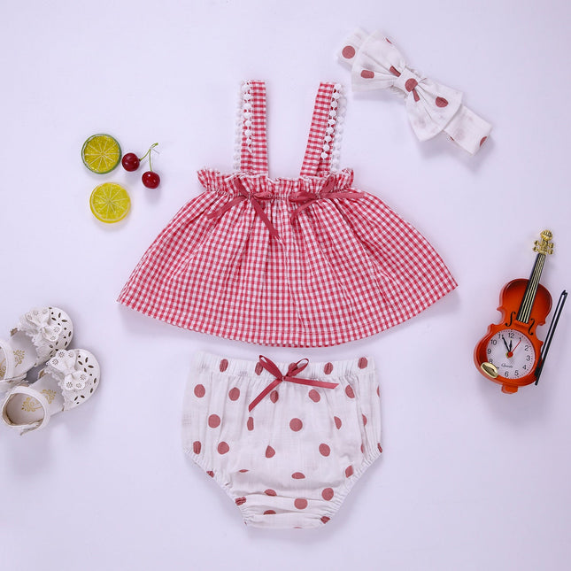 Baby Girl Plaid Pattern Sling Tops Combo Polka Dot Shorts With Handband Sets by MyKids-USA™