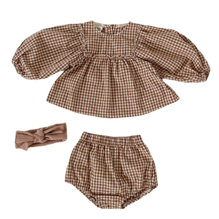 Baby Girl Plaid Pattern Loose Blouses WIth Shorts Headband 3 Pieces Sets by MyKids-USA™