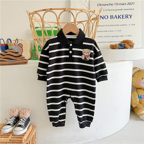 Baby Cartoon Bear Print & Striped Pattern Polo Neck Long Sleeve Romper by MyKids-USA™