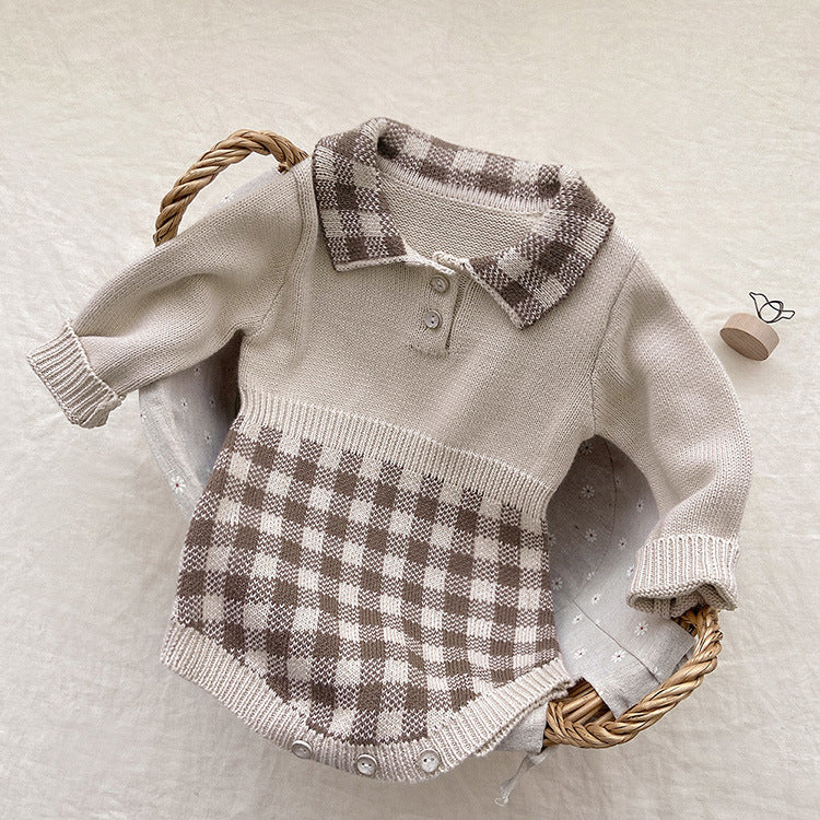 Baby Checkerboard Pattern Polo Neck Knit Warm Onesies by MyKids-USA™