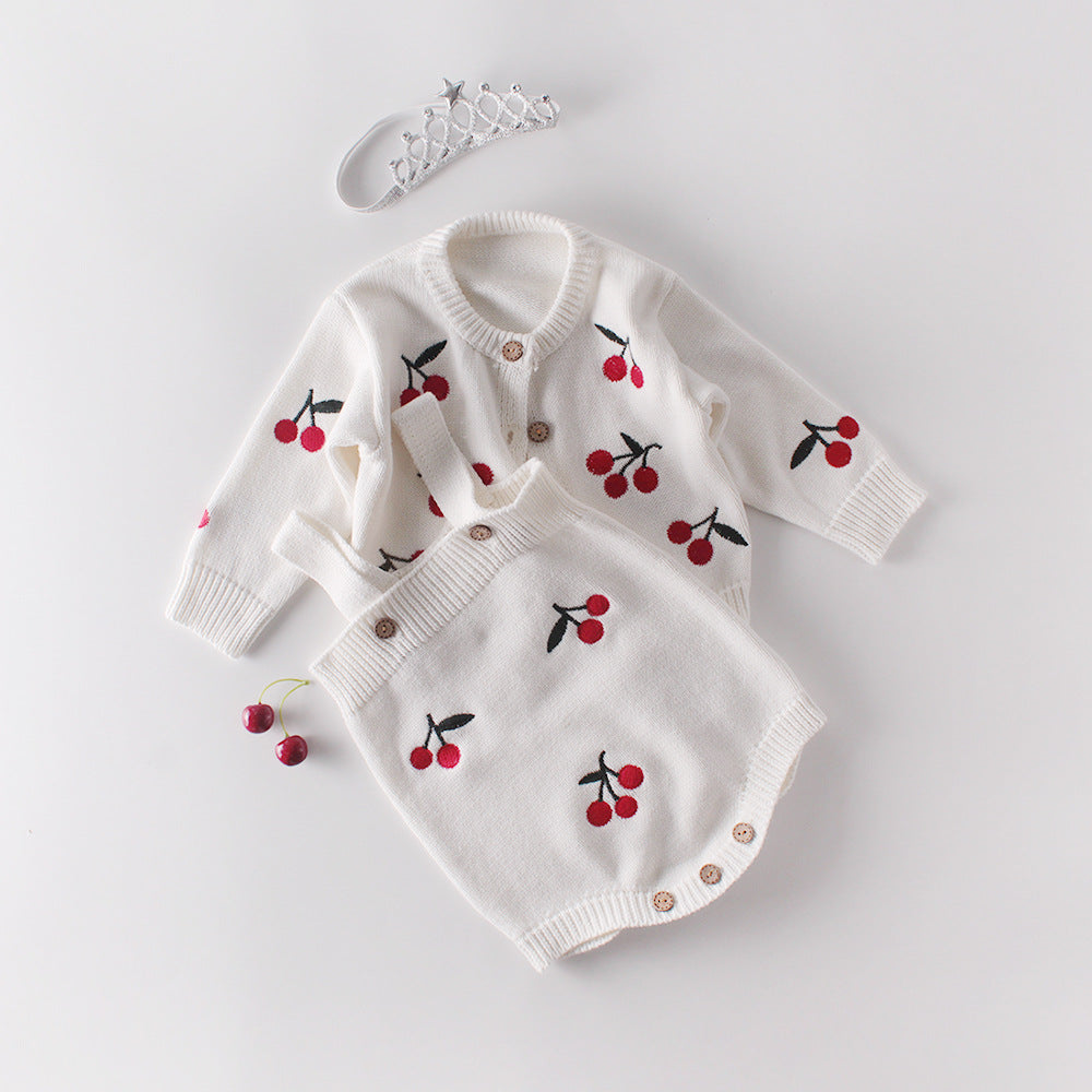 Baby Girl 1pc Cherry Embroidered Graphic Crotch Knitted Bodysuit & Button Front Sweater Coat Sets by MyKids-USA™