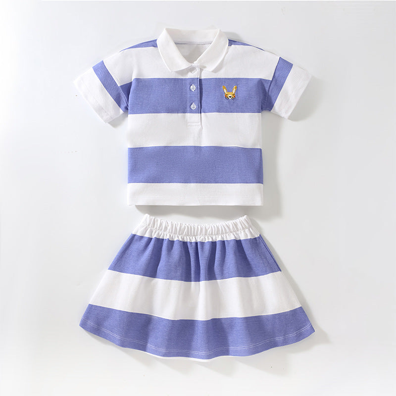 Baby Girl Striped Pattern Polo Neck Shirt With Skirt Sets In Summer by MyKids-USA™