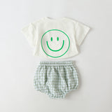 Baby Smiley Print Pattern Solid Tee Combo Plaid Pattern Triangle Shorts Sets by MyKids-USA™