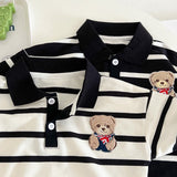 Baby Cartoon Bear Print & Striped Pattern Polo Neck Long Sleeve Romper by MyKids-USA™