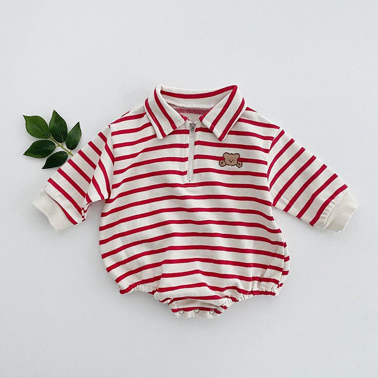 Baby Striped & Cartoon Patched Graphic Polo Neck Long Sleeves Bodysuit Onesies by MyKids-USA™