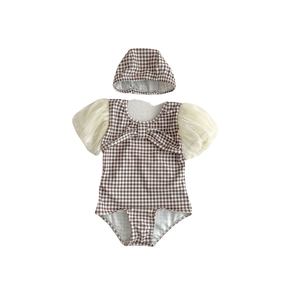 Baby Girl Plaid Pattern Mesh Sleeves Patchwork Swimwear With Hats by MyKids-USA™