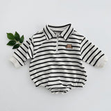 Baby Striped & Cartoon Patched Graphic Polo Neck Long Sleeves Bodysuit Onesies by MyKids-USA™