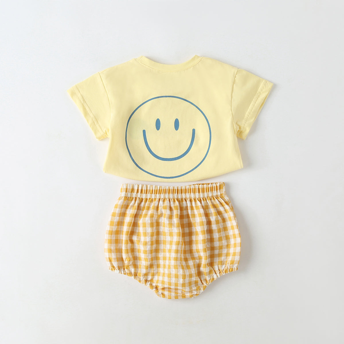 Baby Smiley Print Pattern Solid Tee Combo Plaid Pattern Triangle Shorts Sets by MyKids-USA™