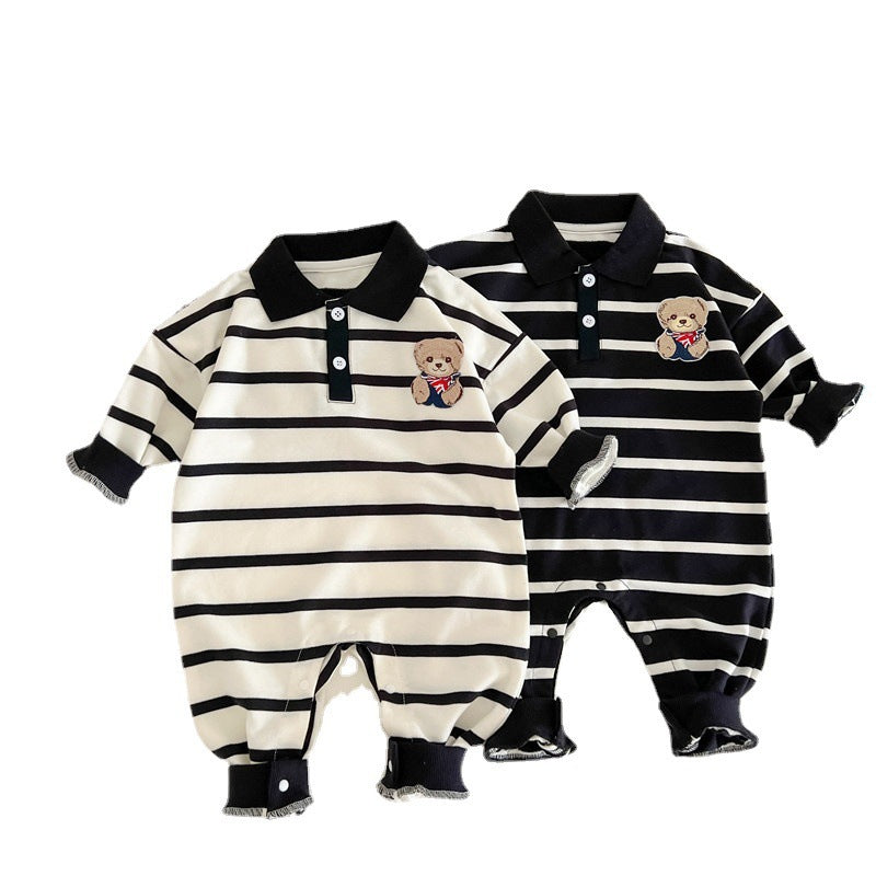 Baby Cartoon Bear Print & Striped Pattern Polo Neck Long Sleeve Romper by MyKids-USA™