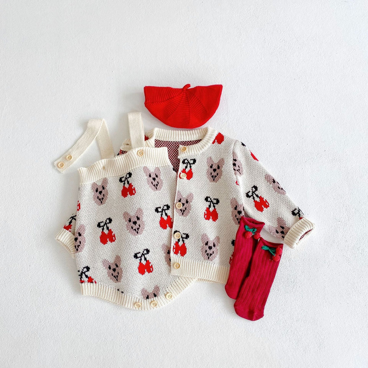 Baby Girl 1pcs Allover Cartoon Bear & Cherry Embroidered Graphic Bodysuit & Cardigan Knitted Sets by MyKids-USA™