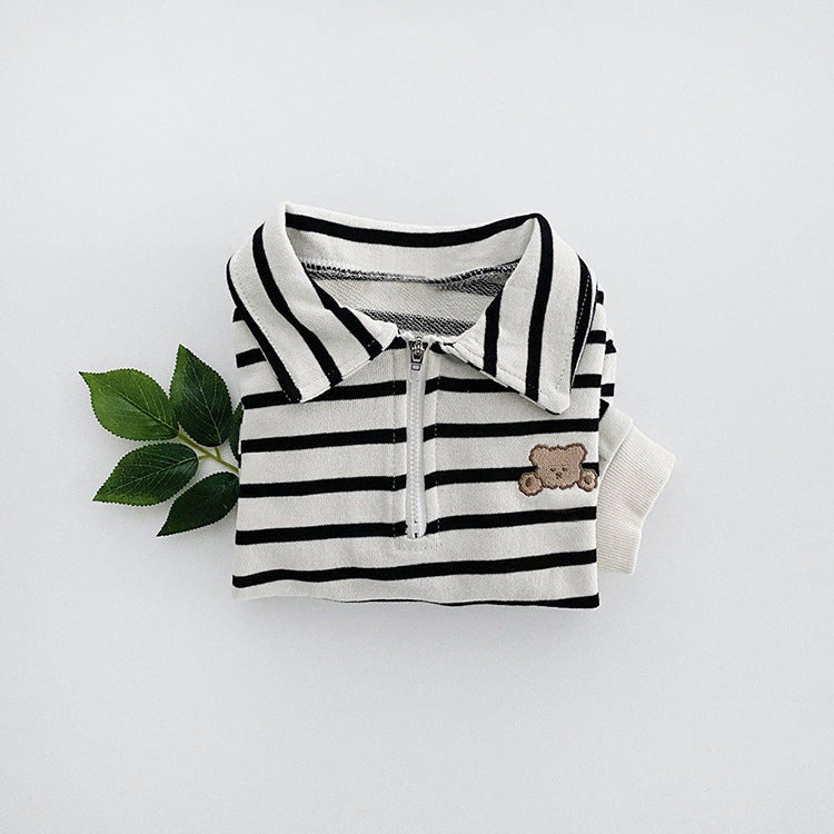 Baby Striped & Cartoon Patched Graphic Polo Neck Long Sleeves Bodysuit Onesies by MyKids-USA™