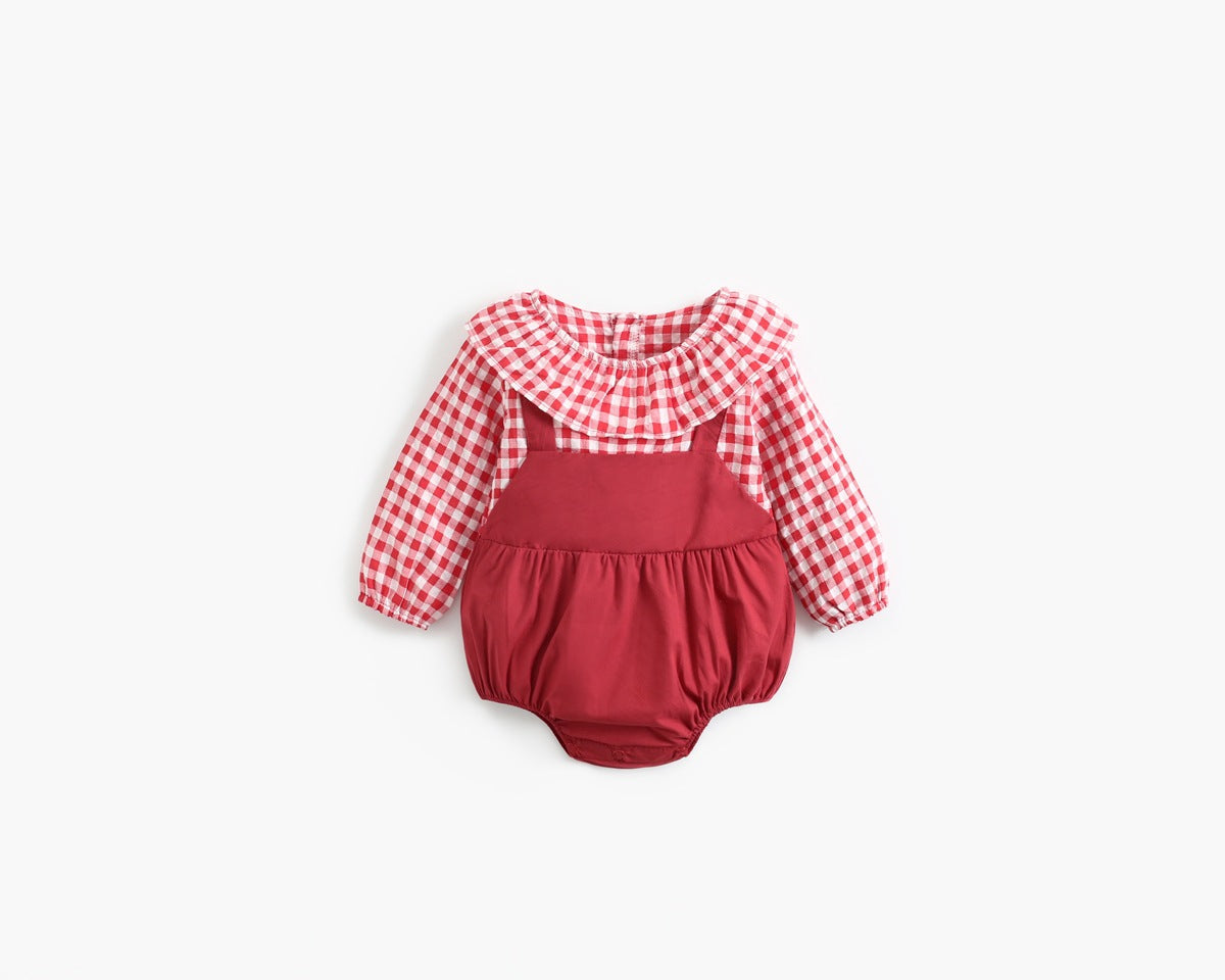 Baby Girl 1pcs Plaid Pattern False 2-Piece Design Ruffle Neck Onesies by MyKids-USA™