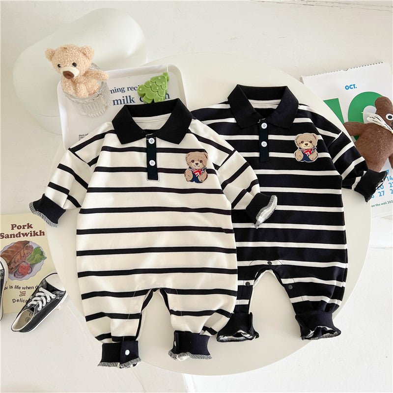 Baby Cartoon Bear Print & Striped Pattern Polo Neck Long Sleeve Romper by MyKids-USA™