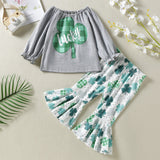 Baby Girl 1pcs 4-Leaves Grass Graphic Long Sleeve Tops Combo Allover Grass Print Ruffle Hem Pants Sets by MyKids-USA™