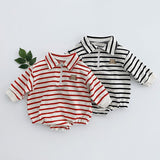 Baby Striped & Cartoon Patched Graphic Polo Neck Long Sleeves Bodysuit Onesies by MyKids-USA™