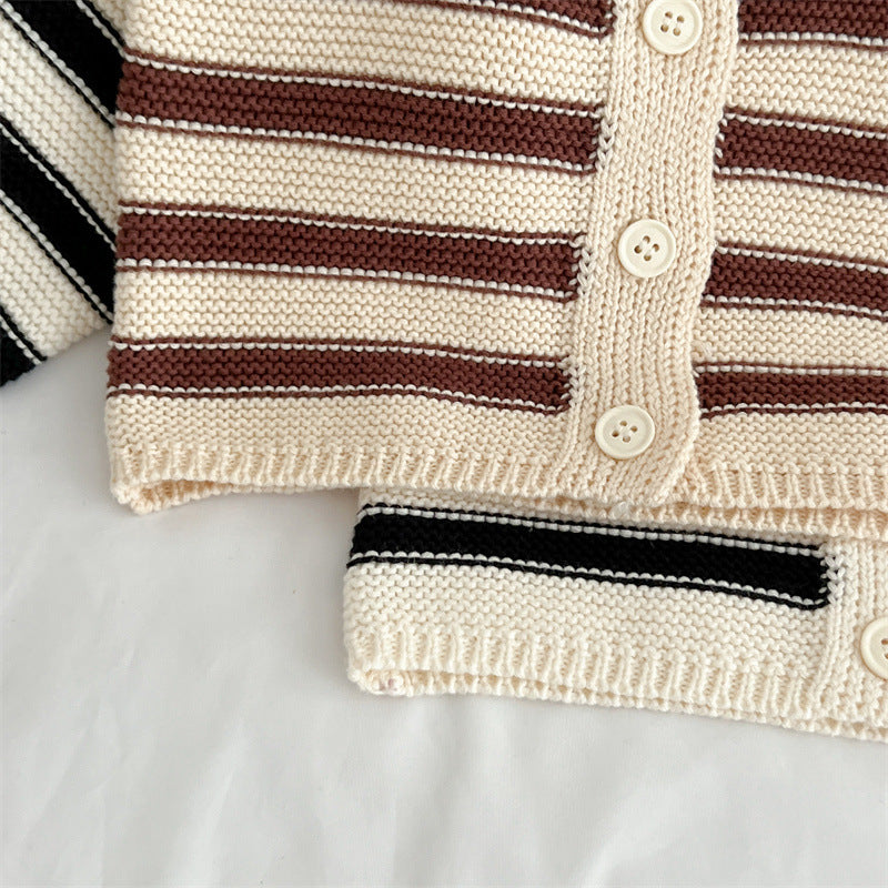 Baby Striped Pattern Lapel Knitted Cardigan With Pants Sets by MyKids-USA™