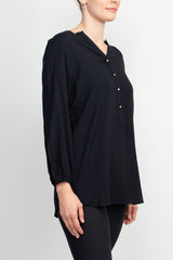 Grand & Green V-Neck Rhinestone Button Detail 3/4th Bishop Sleeves with Elastic Cuffs Rayon Top by Curated Brands